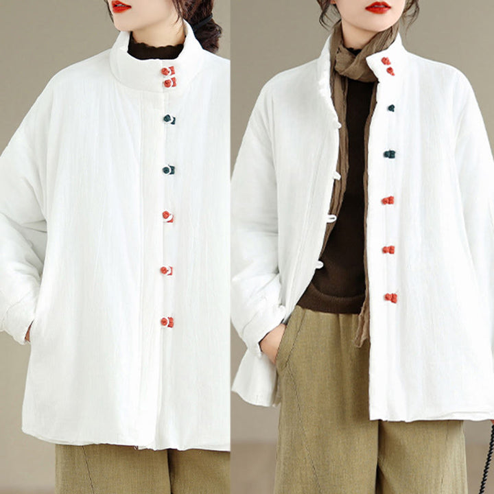 Kurtka zimowa damska z chińskimi żabami i guzikami, z długim rękawem i kieszeniami, z grubej bawełny, z Buddha Stones - image 17