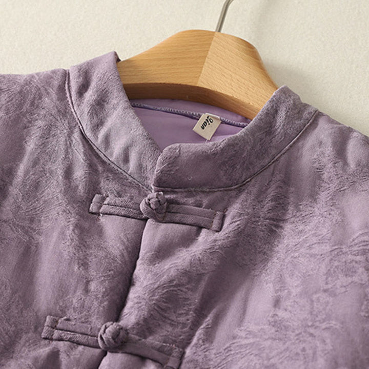 Kurtka damska z długim rękawem i kieszeniami z motywem żabich guzików w jednolitym kolorze z Buddha Stones - image 1