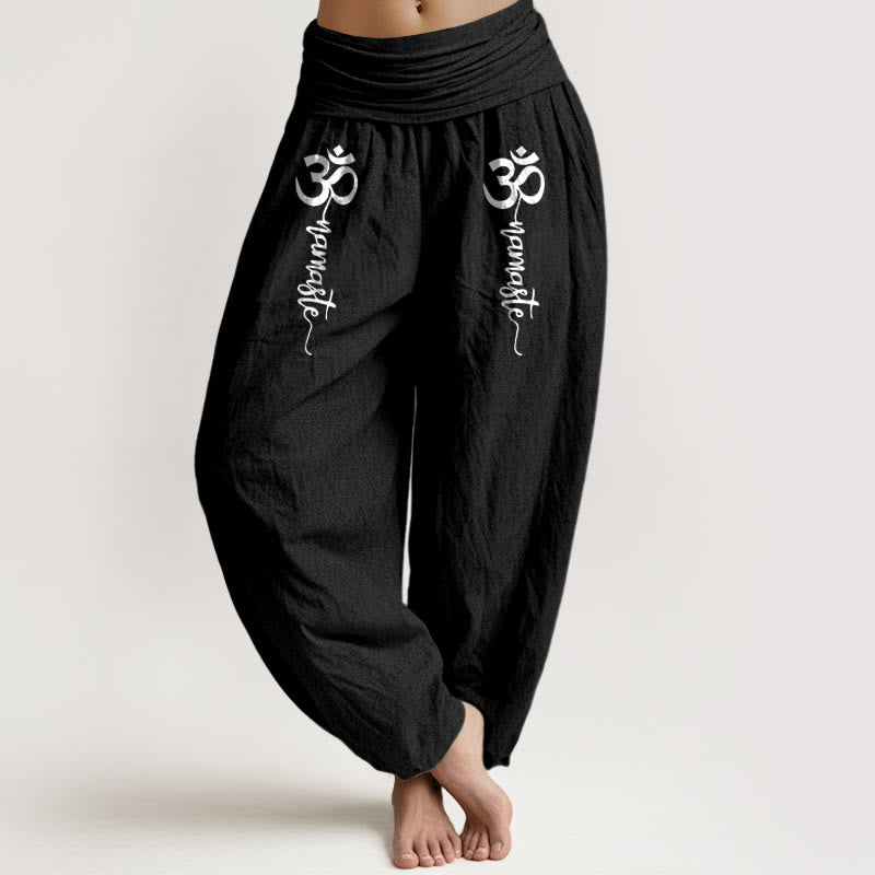 Buddha Stones Spodnie haremki damskie z czystej bawełny z elastycznym pasem i wzorem Namaste Om - Czarny - US16, UK/AU20, EU48 (3XL) - image 5