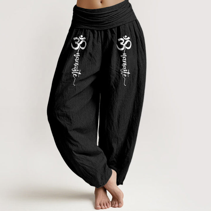 Buddha Stones Spodnie haremki damskie z czystej bawełny z elastycznym pasem i wzorem Namaste Om - Czarny - US16, UK/AU20, EU48 (3XL) - image 5