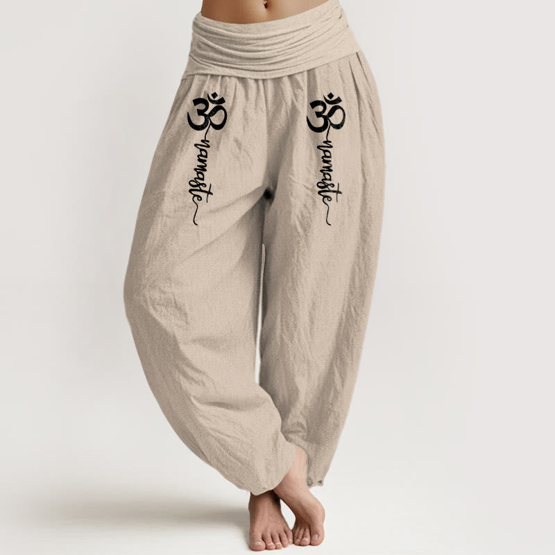 Buddha Stones Spodnie haremki damskie z czystej bawełny z elastycznym pasem i wzorem Namaste Om - Beżowy - US16, UK/AU20, EU48 (3XL) - image 14