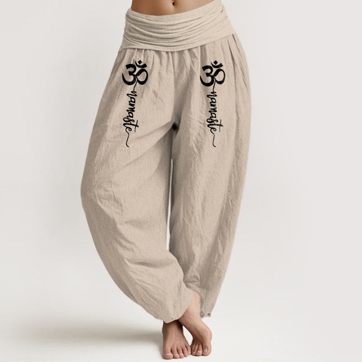 Buddha Stones Spodnie haremki damskie z czystej bawełny z elastycznym pasem i wzorem Namaste Om - Beżowy - US16, UK/AU20, EU48 (3XL) - image 14