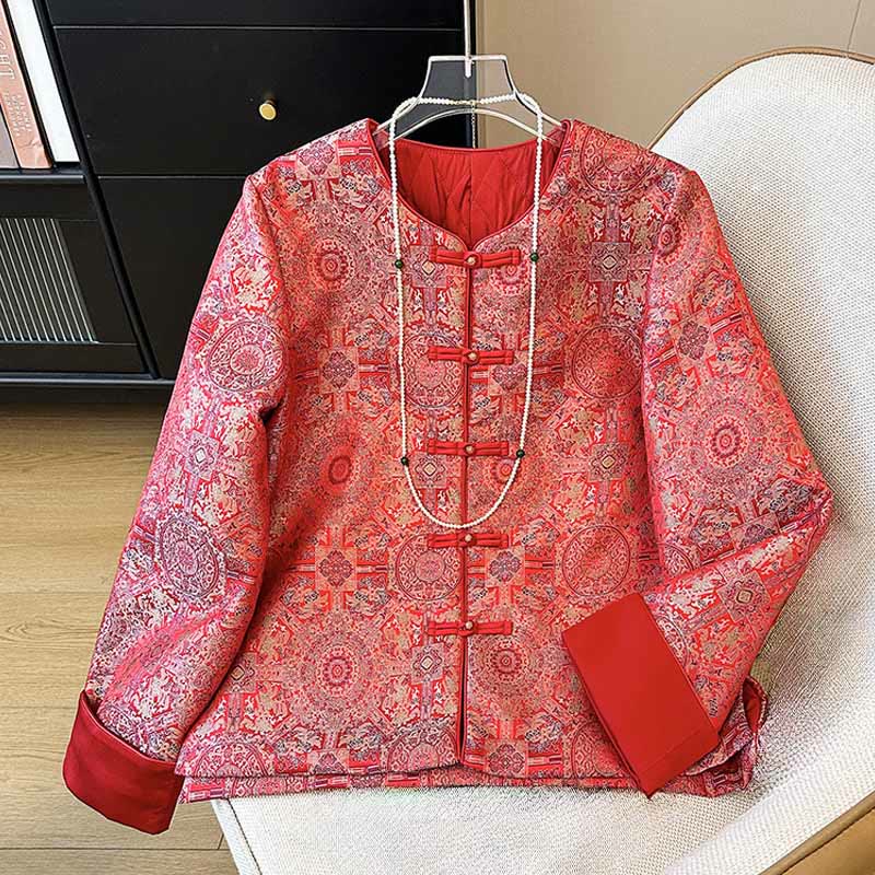 Damska kurtka żakardowa z symetrycznym kwiatowym wzorem Buddha Stones z długim rękawem i kieszeniami - Czerwony - US8-10，UK/AU12-14，EU40-42 (2XL) - image 0