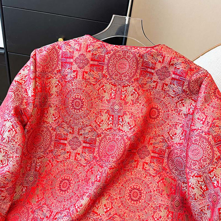 Damska kurtka bawełniana z długim rękawem i kieszeniami, z symetrycznym kwiatowym wzorem „ Buddha Stones” - image 4