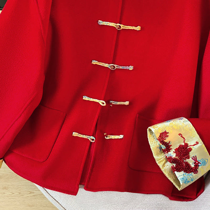 Kurtka damska z długim rękawem z bawełny z kieszeniami i haftowanymi guzikami w kształcie Buddha Stones - image 6