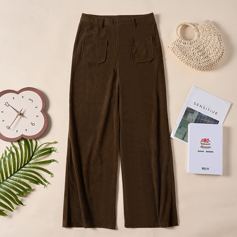 Spodnie damskie z szerokimi nogawkami i kieszeniami, z gładkiego sztruksu i poliestru z motywem Buddha Stones - image 1