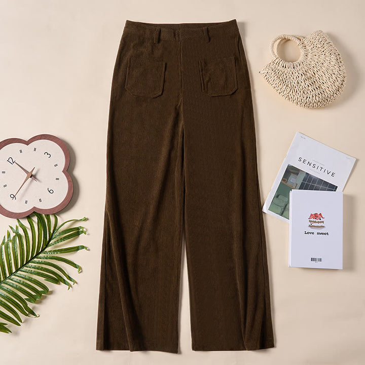 Spodnie damskie z szerokimi nogawkami i kieszeniami, z gładkiego sztruksu i poliestru z motywem Buddha Stones - image 1