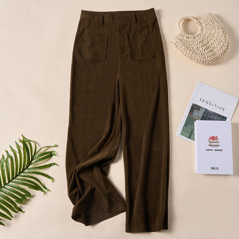 Spodnie damskie z szerokimi nogawkami i kieszeniami, z gładkiego sztruksu i poliestru z motywem Buddha Stones - SaddleBrown - US14, UK/AU18, EU46 (2XL) - image 0