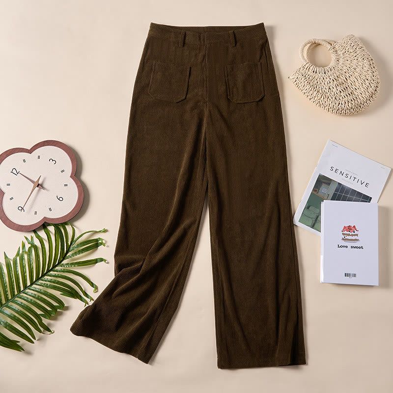 Spodnie damskie z szerokimi nogawkami i kieszeniami, z gładkiego sztruksu i poliestru z motywem Buddha Stones - image 3