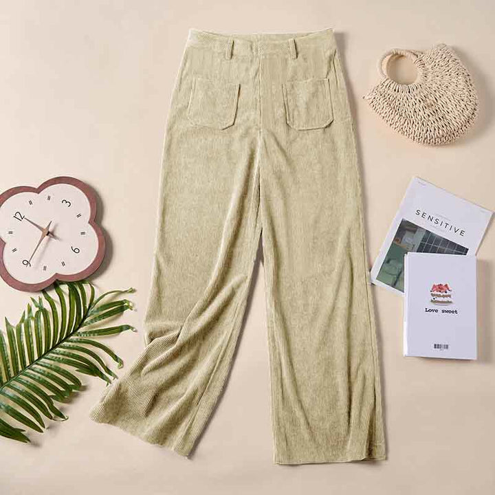 Spodnie damskie z szerokimi nogawkami i kieszeniami, z gładkiego sztruksu i poliestru z motywem Buddha Stones - image 13