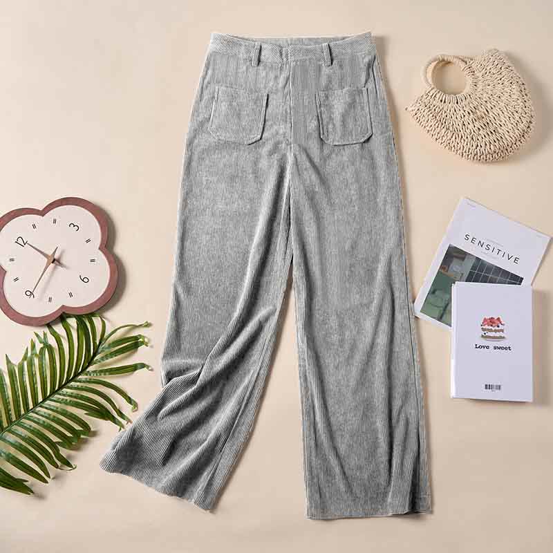 Spodnie damskie z szerokimi nogawkami i kieszeniami, z gładkiego sztruksu i poliestru z motywem Buddha Stones - image 20