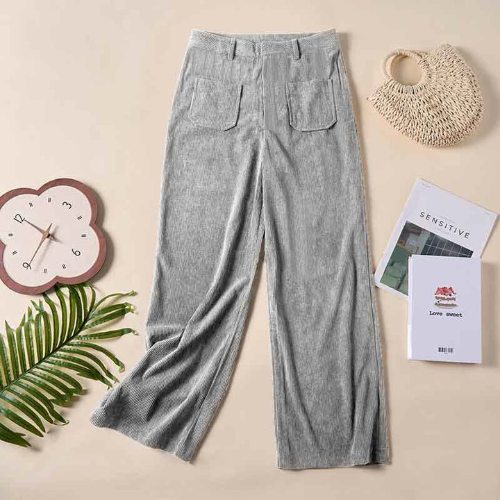 Spodnie damskie z szerokimi nogawkami i kieszeniami, z gładkiego sztruksu i poliestru z motywem Buddha Stones - image 20