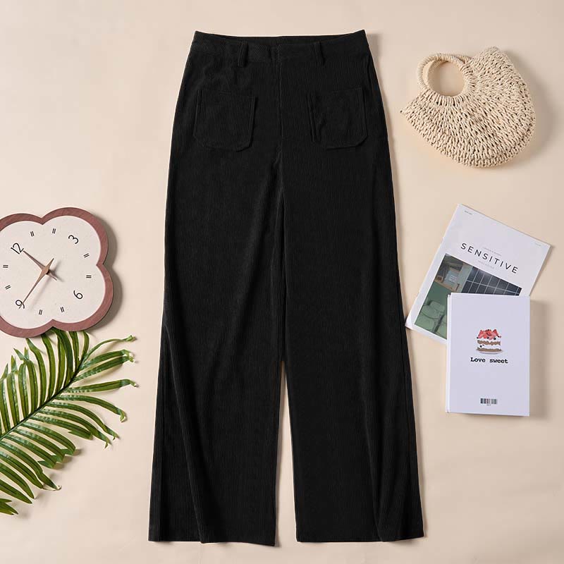 Spodnie damskie z szerokimi nogawkami i kieszeniami, z gładkiego sztruksu i poliestru z motywem Buddha Stones - image 23