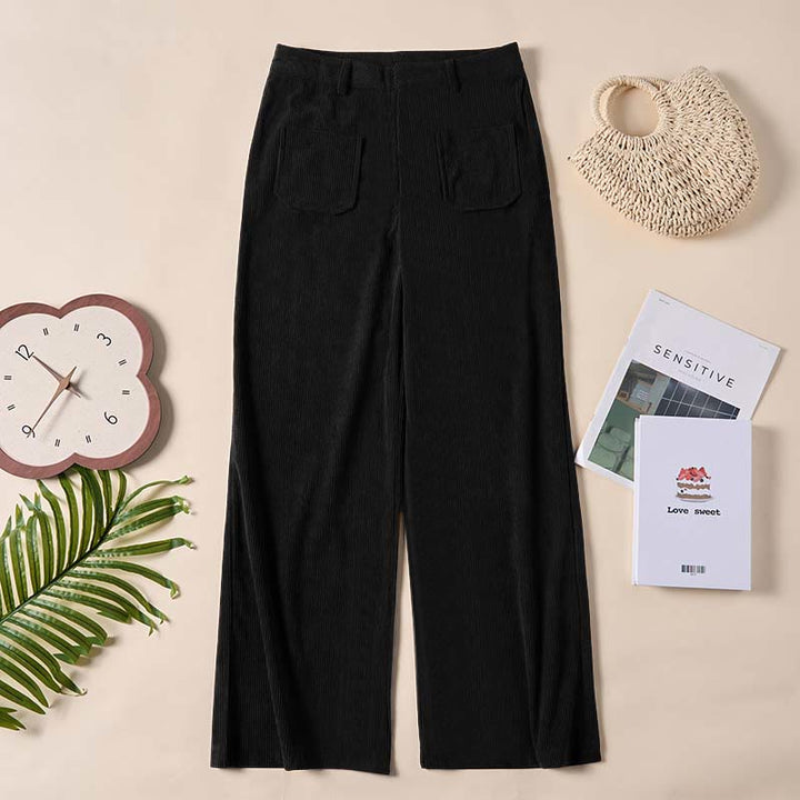 Spodnie damskie z szerokimi nogawkami i kieszeniami, z gładkiego sztruksu i poliestru z motywem Buddha Stones - image 23