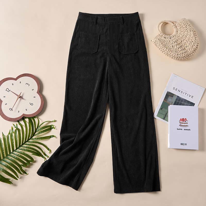 Spodnie damskie z szerokimi nogawkami i kieszeniami, z gładkiego sztruksu i poliestru z motywem Buddha Stones - image 22