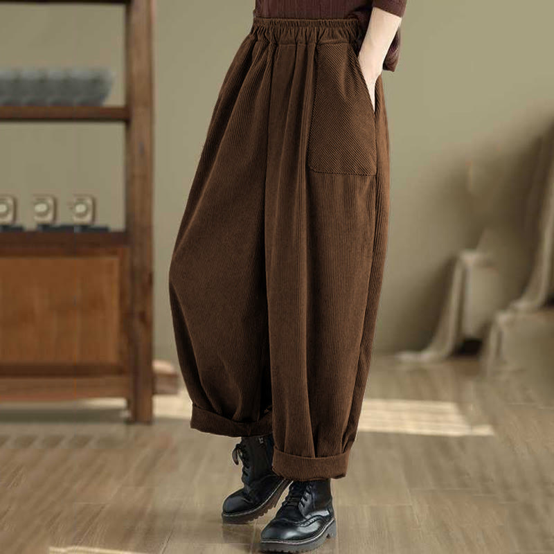 Damskie spodnie haremowe z materiału sztruksowego z kieszeniami i kieszeniami, zimowe, jednokolorowe, do kostek, z motywem Buddha Stones - image 7