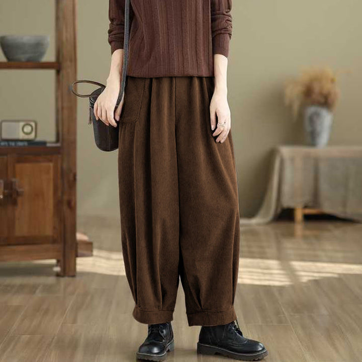 Damskie spodnie haremowe z materiału sztruksowego z kieszeniami i kieszeniami, zimowe, jednokolorowe, do kostek, z motywem Buddha Stones - image 11