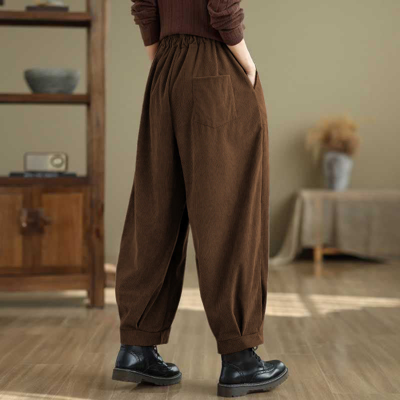 Damskie spodnie haremowe z materiału sztruksowego z kieszeniami i kieszeniami, zimowe, jednokolorowe, do kostek, z motywem Buddha Stones - image 9