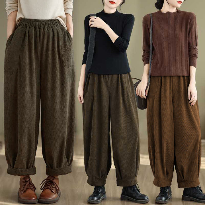 Damskie spodnie haremowe z materiału sztruksowego z kieszeniami i kieszeniami, zimowe, jednokolorowe, do kostek, z motywem Buddha Stones - image 24