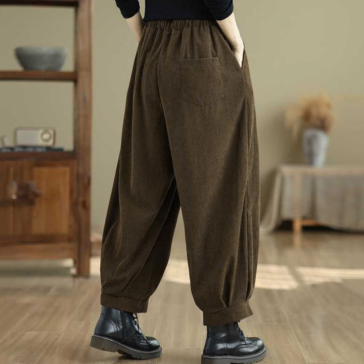 Damskie spodnie haremowe z materiału sztruksowego z kieszeniami i kieszeniami, zimowe, jednokolorowe, do kostek, z motywem Buddha Stones - image 16