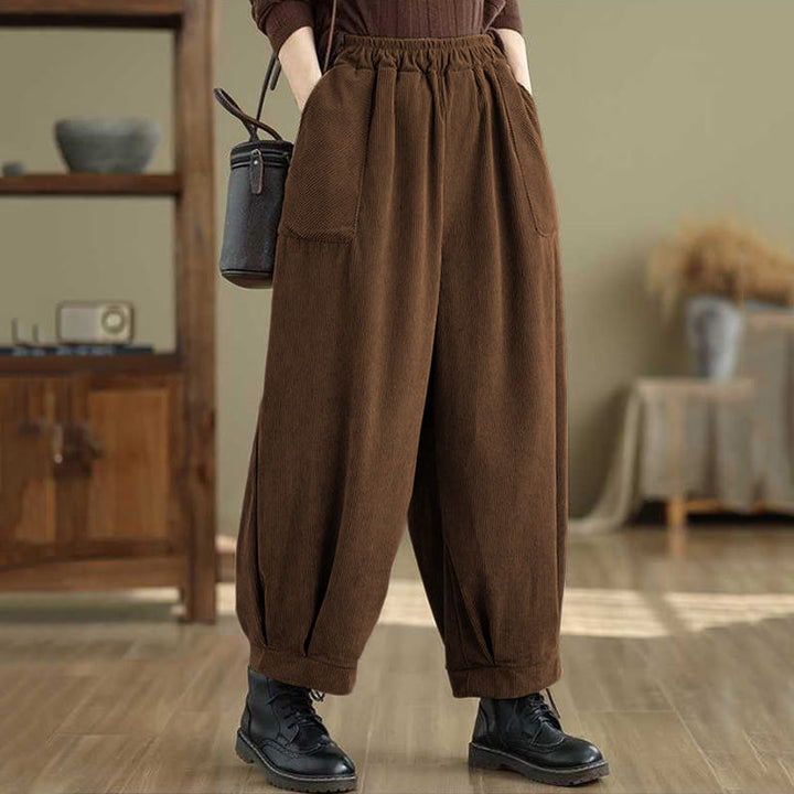 Damskie spodnie haremowe z materiału sztruksowego z kieszeniami i kieszeniami, zimowe, jednokolorowe, do kostek, z motywem Buddha Stones - image 10