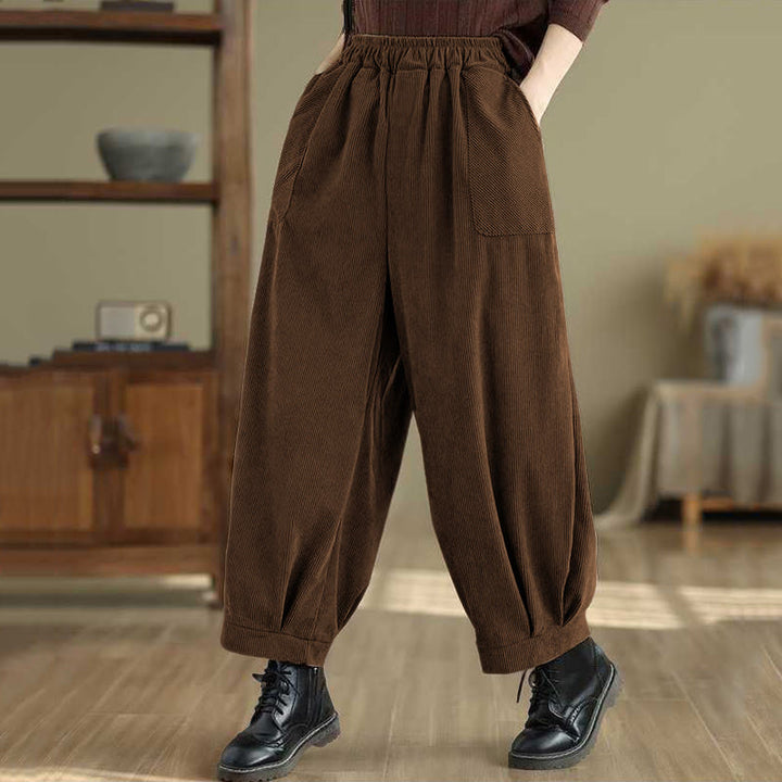 Damskie spodnie haremowe z materiału sztruksowego z kieszeniami i kieszeniami, zimowe, jednokolorowe, do kostek, z motywem Buddha Stones - image 8