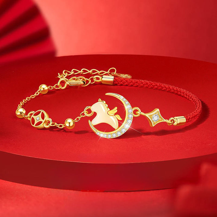 Bransoletka z czerwonego sznurka z cyrkonii i Buddha Stones z jadeitu Hetian, Rok Konia, srebro próby 925 - Koń, srebro próby 925 i czerwony sznurek (obwód nadgarstka 14-18 cm) - image 0