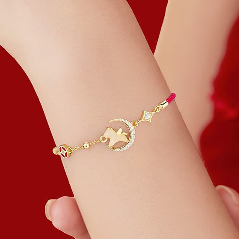 Bransoletka z czerwonego sznurka z cyrkonii i Buddha Stones z jadeitu Hetian, Rok Konia, srebro próby 925 - image 3