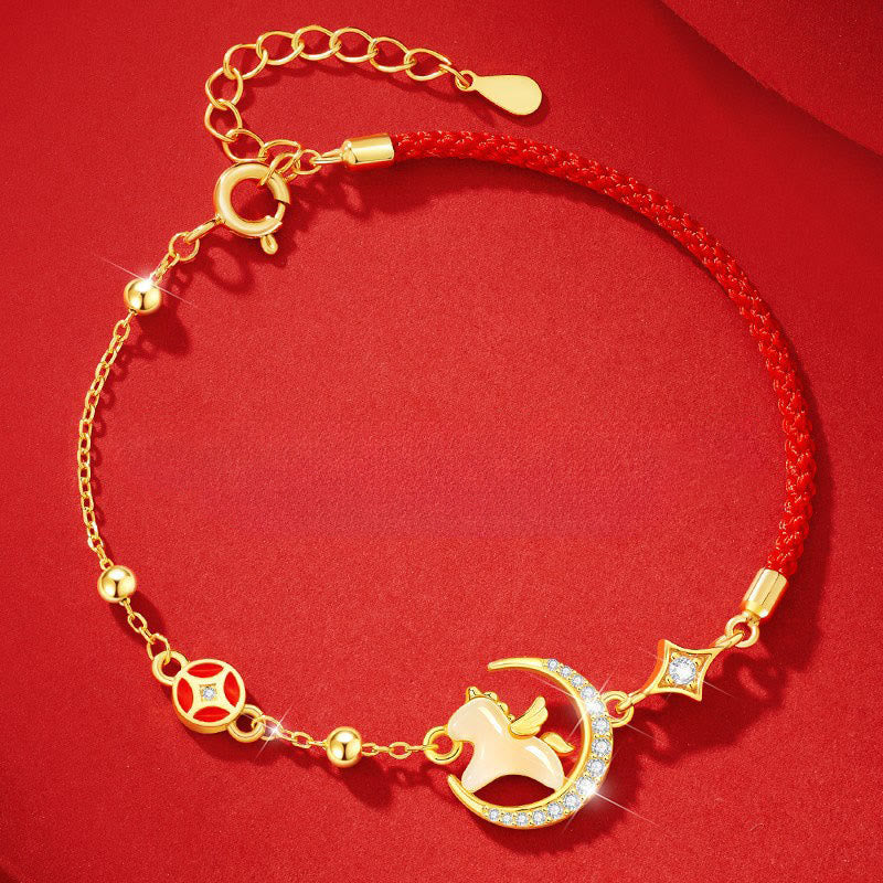 Bransoletka z czerwonego sznurka z cyrkonii i Buddha Stones z jadeitu Hetian, Rok Konia, srebro próby 925 - image 1