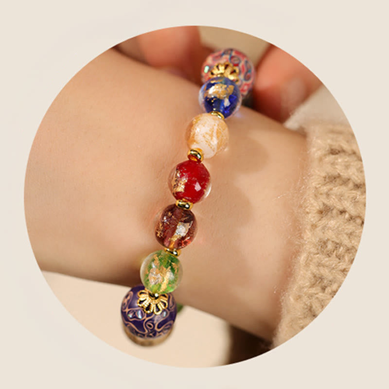 Bransoletka z kolorowych szklanych koralików Liuli z drewna sandałowego i tykwy z Buddha Stones - image 5