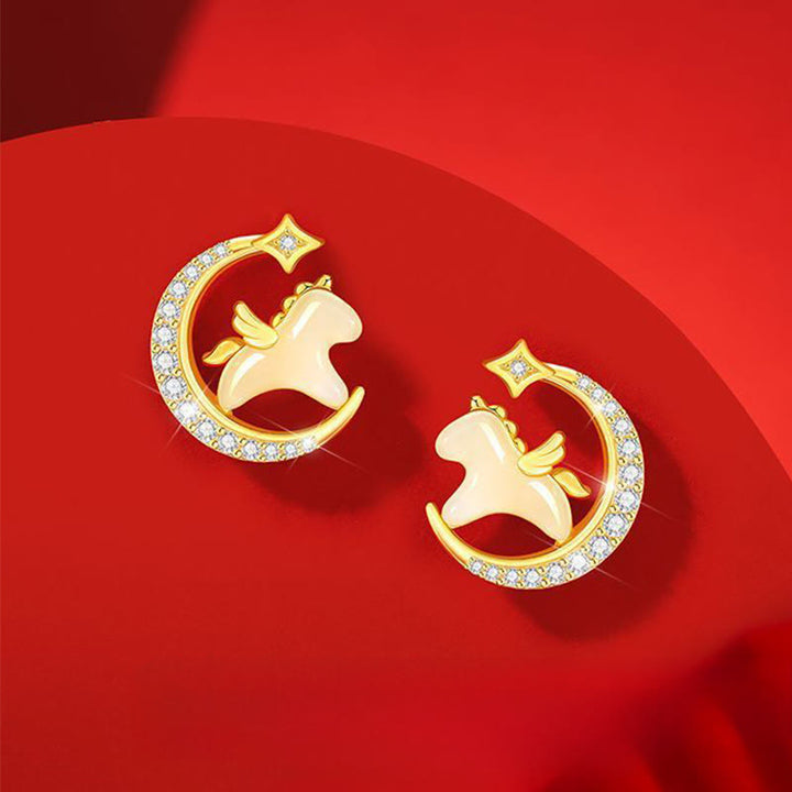 Buddha Stones , Rok Konia, Jadeit Hetian, srebro próby 925, cyrkonia księżycowa, obfitość - Jadeit, srebro próby 925 i cyrkon (szpilki ze srebra próby 925) - image 0