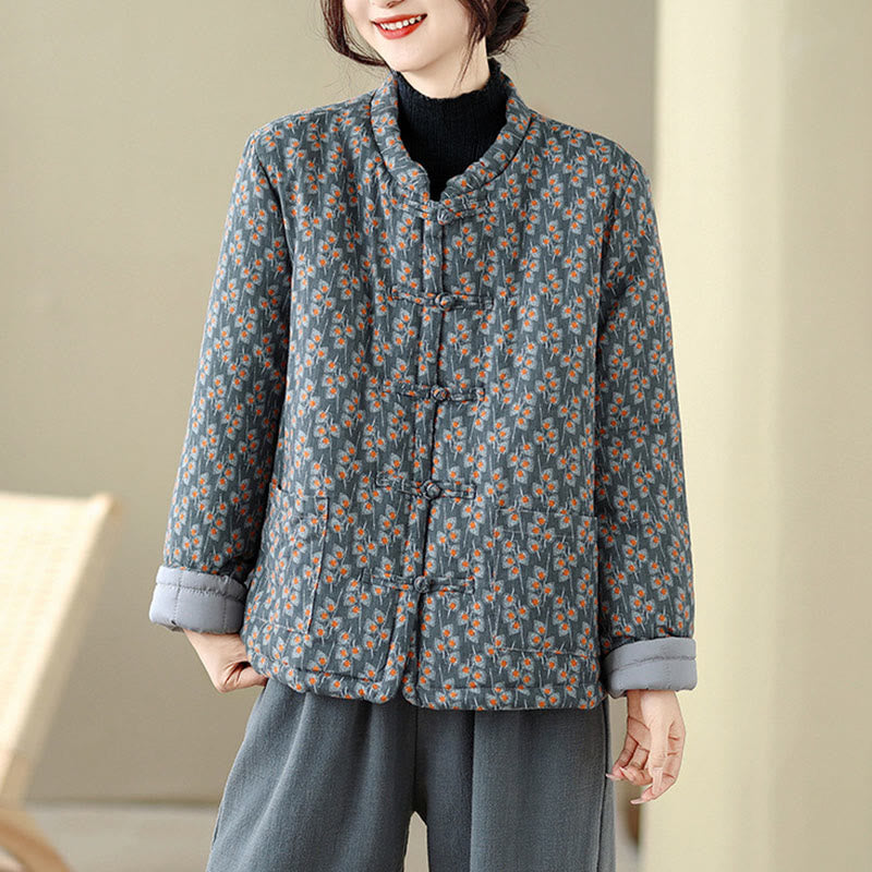 Kurtka damska zimowa z długim rękawem i kieszeniami, z grubej bawełny, z motywem żaby i kwiatowym Buddha Stones " - image 1