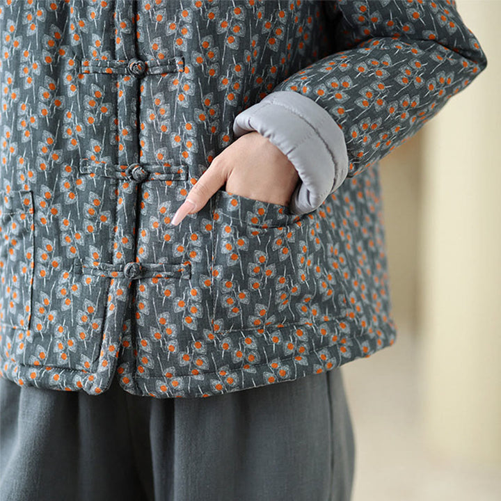 Kurtka damska zimowa z długim rękawem i kieszeniami, z grubej bawełny, z motywem żaby i kwiatowym Buddha Stones " - image 8