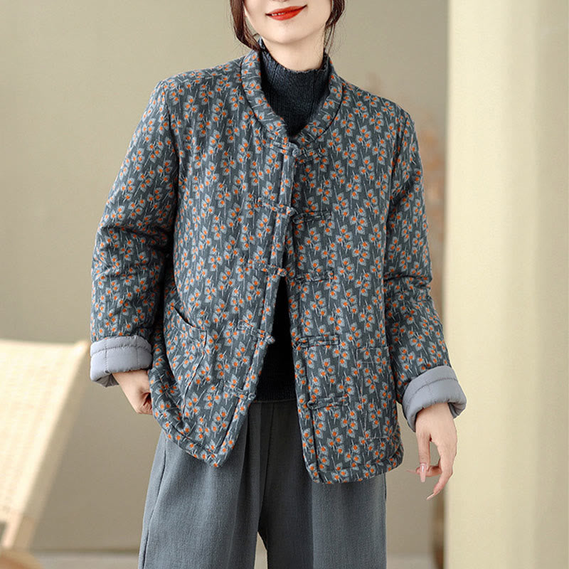 Kurtka damska zimowa z długim rękawem i kieszeniami, z grubej bawełny, z motywem żaby i kwiatowym Buddha Stones " - image 3