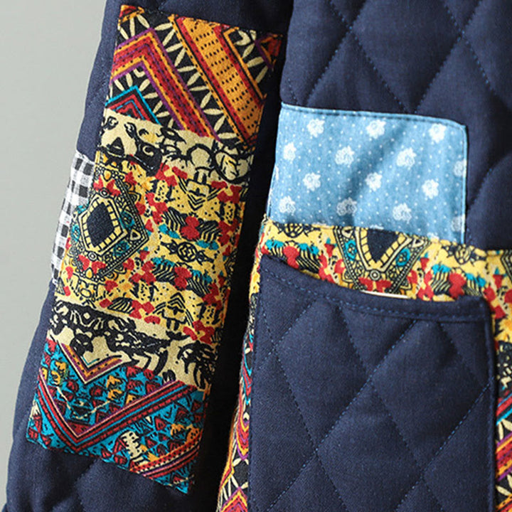 Kurtka damska z długim rękawem z grubej bawełny z kieszeniami i guzikami w stylu etnicznym "Buddha Stones" z żabą - image 10