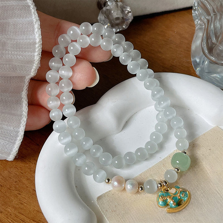 Bransoletka dwuwarstwowa z Buddha Stones z roku konia, chryzoberylowych szklanych koralików, pokoju i miłości - Chryzoberyl (obwód nadgarstka 14-17 cm) - image 0