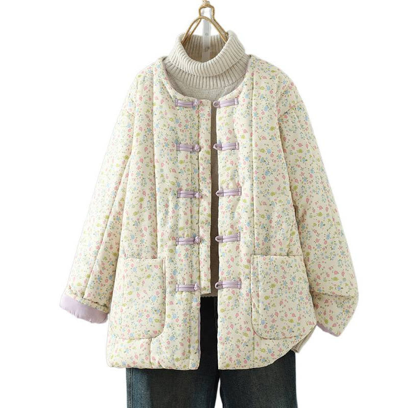 Kurtka damska z długim rękawem, gruba, bawełniana, z kieszeniami, z Buddha Stones i kwiatowym wzorem - image 10