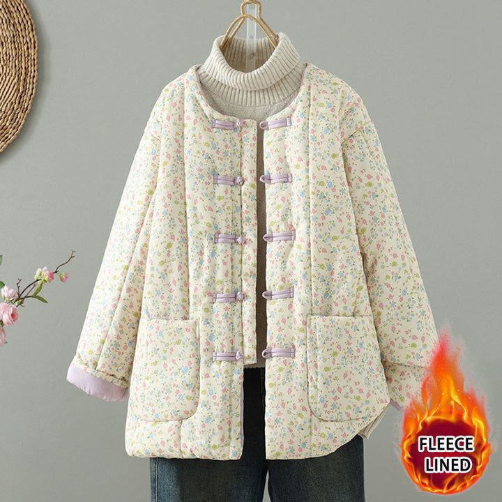 Kurtka damska z długim rękawem, gruba, bawełniana, z kieszeniami, z Buddha Stones i kwiatowym wzorem - Jedwab kukurydziany - US8-10，UK/AU12-14，EU40-42 (2XL) - image 0