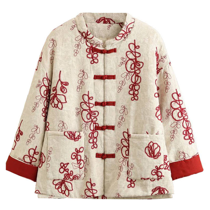 Kurtka zimowa damska Buddha Stones z długim rękawem, kołnierzem stójką i guzikami typu żaba, z bawełnianą podszewką i kieszeniami - image 6