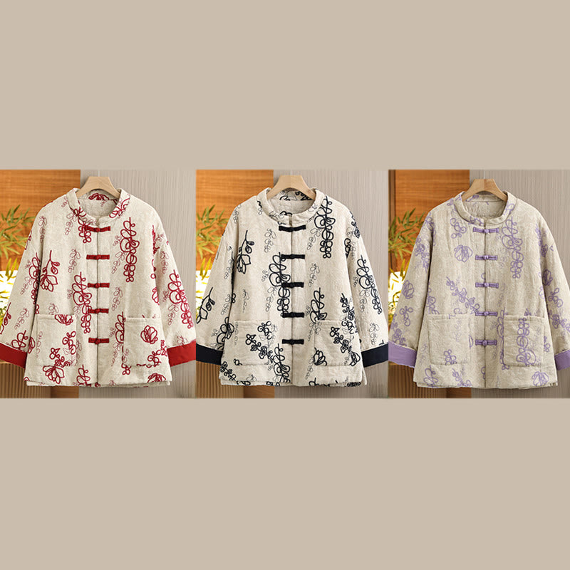 Kurtka zimowa damska Buddha Stones z długim rękawem, kołnierzem stójką i guzikami typu żaba, z bawełnianą podszewką i kieszeniami - image 27