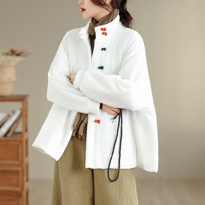 Kurtka zimowa damska z chińskimi żabami i guzikami, z długim rękawem i kieszeniami, z grubej bawełny, z Buddha Stones - Biały - US14, UK/AU18, EU46 (2XL) - image 12