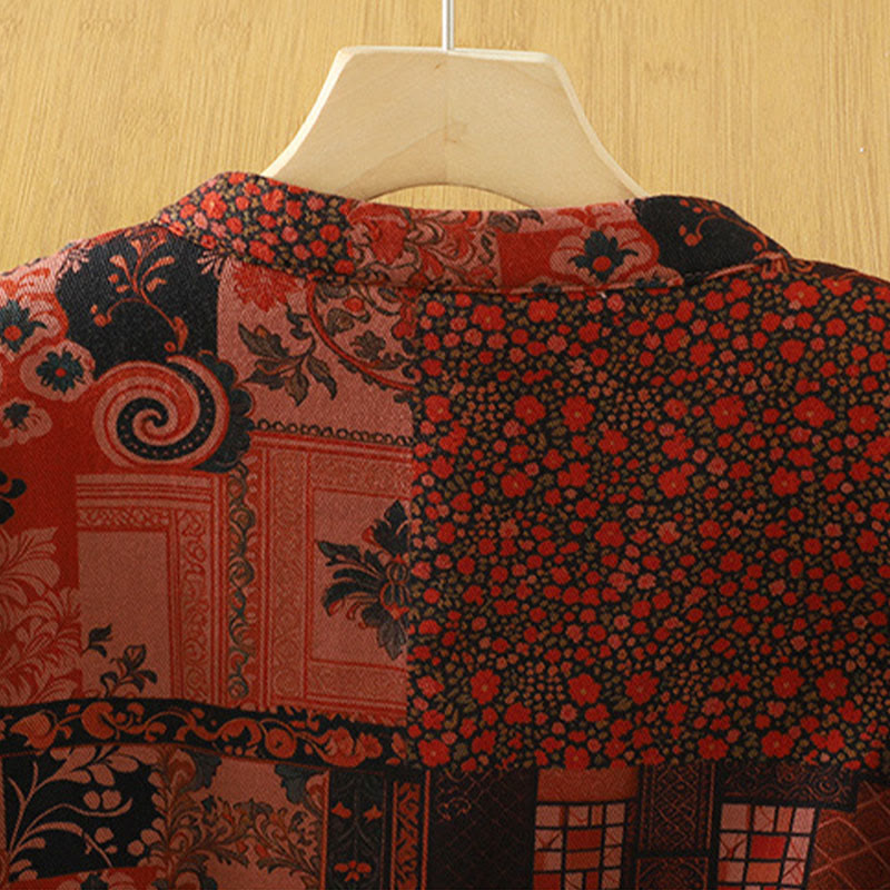 Kurtka termiczna damska z długim rękawem i nadrukiem w kwiaty w stylu etnicznym "Buddha Stones" z żabimi guzikami i bawełny - image 4