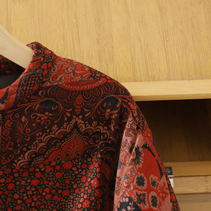 Kurtka termiczna damska z długim rękawem i nadrukiem w kwiaty w stylu etnicznym "Buddha Stones" z żabimi guzikami i bawełny - image 5