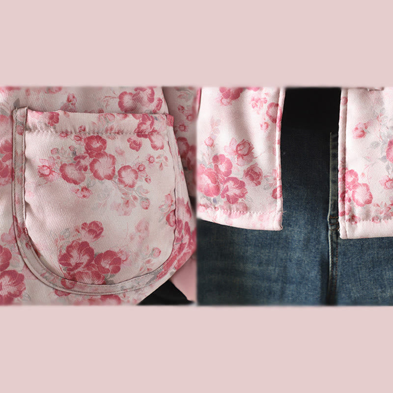 Kurtka damska Buddha Stones Commute w kolorze jasnoróżowym z nadrukiem kwiatowym i żabimi guzikami z bawełny z długim rękawem - image 9