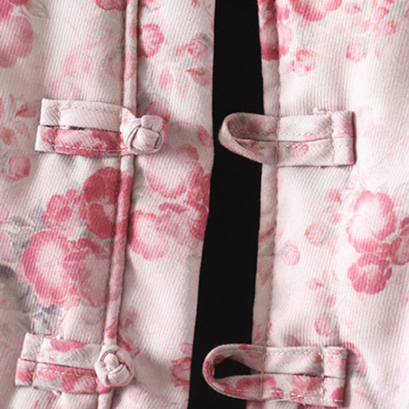 Kurtka damska Buddha Stones Commute w kolorze jasnoróżowym z nadrukiem kwiatowym i żabimi guzikami z bawełny z długim rękawem - image 5