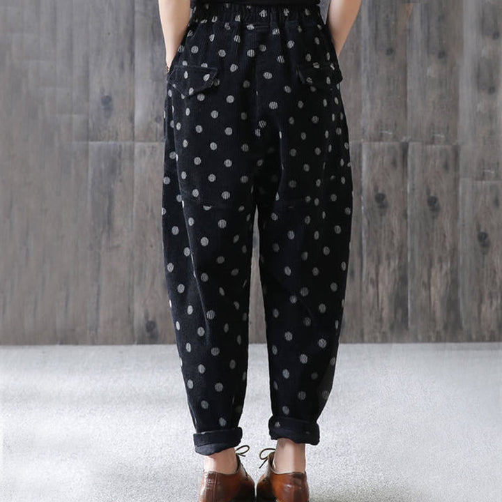 Damskie spodnie haremowe z nadrukiem w kropki z Buddha Stones z kolekcji "Jesień do pracy" z motywem sztruksu i kieszeniami - image 11