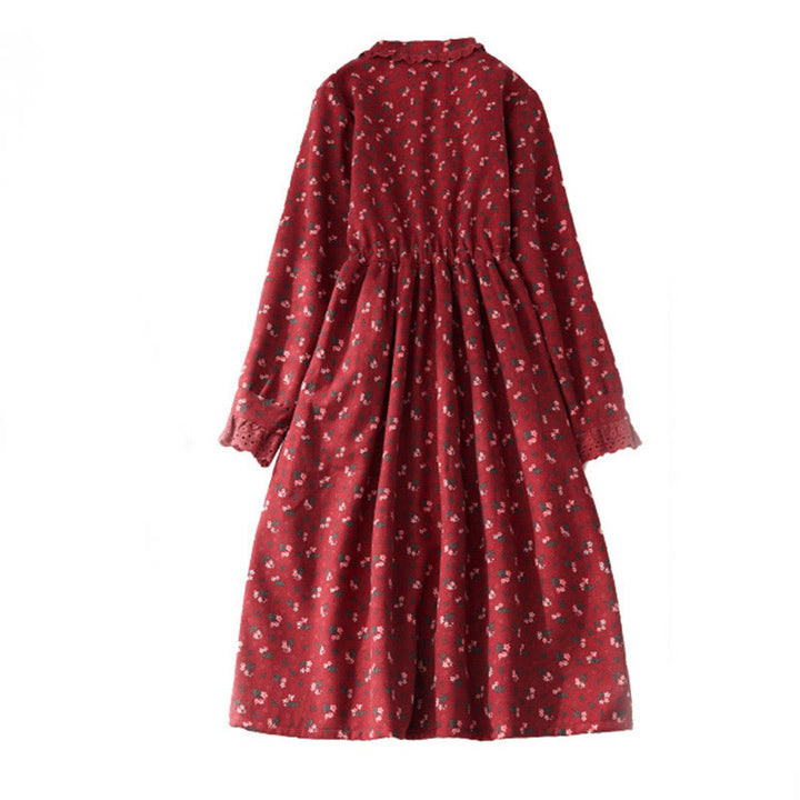 Sukienka midi z koronką i kwiatowym wzorem "Buddha Stones" z długim rękawem i kieszeniami, wykonana z materiału sztruksowego - image 3