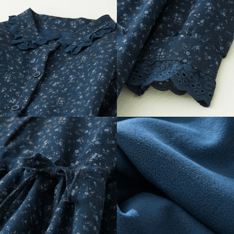 Sukienka midi z koronką i kwiatowym wzorem "Buddha Stones" z długim rękawem i kieszeniami, wykonana z materiału sztruksowego - image 11