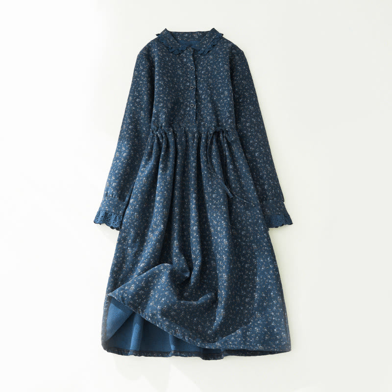 Sukienka midi z koronką i kwiatowym wzorem "Buddha Stones" z długim rękawem i kieszeniami, wykonana z materiału sztruksowego - image 10