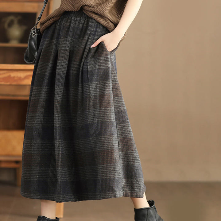 Spódnica zimowa damska Buddha Stones w kratę, bawełniana, termiczna, długość 7-8, z kieszeniami - image 17